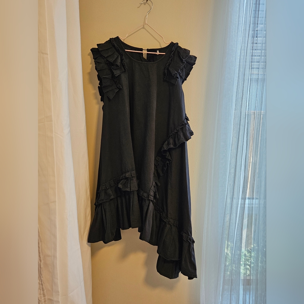 Pleated Ruffle Trim Asymmetrical Hem Sleeveless Tank Dress